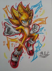 Size: 1509x2048 | Tagged: safe, artist:bwerehog, sonic the hedgehog, super sonic, 2023, flying, glowing eyes, pointing at viewer, signature, smile, solo, super form, traditional media