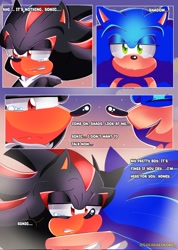 Size: 728x1024 | Tagged: safe, artist:dakarakokoro, shadow the hedgehog, sonic the hedgehog, 2023, abstract background, blushing, comforting, comic, crying, dialogue, duo, english text, frown, gay, hugging, panels, sad, shadow x sonic, shipping, smile, standing, tears, tears of sadness, typo