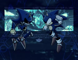Size: 1030x800 | Tagged: safe, artist:dwnneptune, metal sonic, sonic the hedgehog, sonic cd, 2023, abstract background, duo, english text, fighting pose, redraw, robot