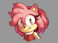 Size: 1372x1007 | Tagged: safe, artist:gigid_sonic, amy rose, bust, freckles, grey background, looking at viewer, movie style, simple background, smile, solo