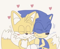 Size: 996x812 | Tagged: safe, artist:cuppylocker, miles "tails" prower, sonic the hedgehog, 2023, cute, duo, eyes closed, gay, heart, holding hands, shipping, signature, simple background, smile, sonabetes, sonic x tails, standing, tailabetes, white background