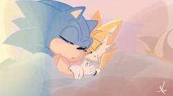 Size: 720x396 | Tagged: safe, artist:giaoux, miles "tails" prower, sonic the hedgehog, 2023, abstract background, bed, cute, duo, eyes closed, gay, holding hands, indoors, mouth open, shipping, signature, sleeping, snuggling, sonabetes, sonic x tails, tailabetes