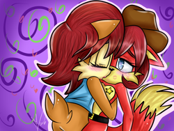 Size: 1600x1200 | Tagged: safe, artist:bunbunboo, fiona fox, sally acorn, 2016, abstract background, blushing, duo, eyes closed, floppy ears, hat, holding them, kiss, kiss marks, lesbian, lidded eyes, looking at them, outline, saliona, sheriff star, shipping, standing