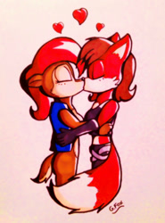 Size: 1024x1384 | Tagged: safe, artist:gamerfox0255, fiona fox, sally acorn, chipmunk, fox, 2019, blushing, duo, eyes closed, heart, holding each other, kiss, lesbian, saliona, shipping, signature, standing, traditional media