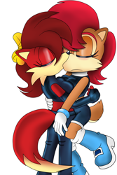 Size: 2000x3000 | Tagged: safe, artist:classicsonicsatam, fiona fox, sally acorn, 2022, alternate universe, blushing, duo, eyes closed, holding each other, holding them, kiss, lesbian, saliona, shipping, simple background, standing, white background