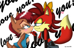 Size: 1008x660 | Tagged: safe, artist:circle199, fiona fox, sally acorn, 2014, abstract background, bending over, blushing, duo, english text, finger under chin, lesbian, lidded eyes, looking at each other, mouth open, saliona, shipping, smile, standing