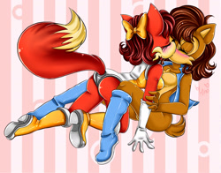 Size: 1400x1100 | Tagged: safe, artist:mino-the-cat, fiona fox, sally acorn, 2013, abstract background, all fours, blushing, duo, eyes closed, holding them, kiss, lesbian, raised tail, saliona, shipping, signature, sitting, striped background