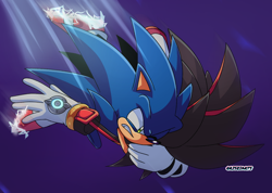 Size: 1314x936 | Tagged: safe, artist:risziarts, shadow the hedgehog, sonic the hedgehog, sonic prime s2, 2023, abstract background, clenched teeth, duo, electricity, falling, holding them, signature