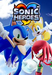Size: 2000x2845 | Tagged: safe, artist:tbsf-yt, knuckles the echidna, miles "tails" prower, sonic the hedgehog, sonic heroes, 2019, 3d, abstract background, box art, clouds, outline, posing, remake, smile, team sonic, trio