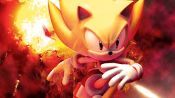 Size: 1920x1080 | Tagged: safe, artist:brokenlui, sonic the hedgehog, super sonic, 2018, 3d, abstract background, explosion, lazer beam, looking ahead, smile, solo, super form, wallpaper