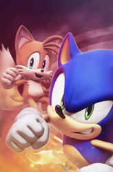 Size: 2500x3802 | Tagged: safe, artist:elesis-knight, miles "tails" prower, sonic the hedgehog, 2018, 3d, abstract background, comic cover, duo, looking at viewer, remake, smile, sonic the hedgehog #1 (idw)