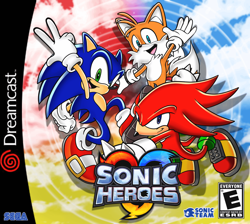 Size: 4455x4000 | Tagged: safe, artist:corganart, knuckles the echidna, miles "tails" prower, sonic the hedgehog, sonic heroes, abstract background, backwards v sign, box art, dreamcast logo, posing, redraw, sega logo, smile, team sonic, trio, uekawa style