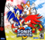 Size: 4455x4000 | Tagged: safe, artist:corganart, knuckles the echidna, miles "tails" prower, sonic the hedgehog, sonic heroes, abstract background, backwards v sign, box art, dreamcast logo, e rating, esrb, posing, redraw, sega logo, smile, team sonic, trio, uekawa style