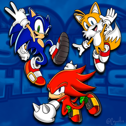 Size: 640x640 | Tagged: safe, artist:corganart, knuckles the echidna, miles "tails" prower, sonic the hedgehog, sonic heroes, abstract background, alternate version, backwards v sign, logo, posing, redraw, signature, smile, team sonic, trio, uekawa style