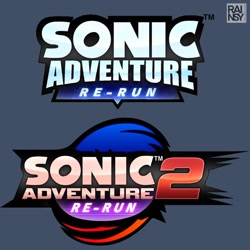 Size: 640x640 | Tagged: safe, artist:damnboi2023, sonic adventure, sonic adventure 2, blue background, english text, logo, no characters, remake, simple background