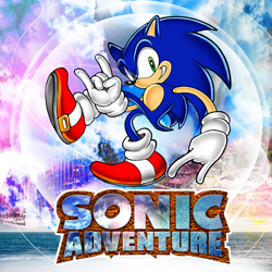 Size: 1440x1440 | Tagged: safe, artist:meanbeanman, sonic the hedgehog, sonic adventure, 2023, abstract background, devil horns (gesture), english text, horn sign, logo, remake, smile, solo, uekawa style