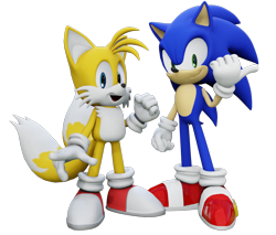 Size: 1212x1034 | Tagged: safe, artist:peppermint08, miles "tails" prower, sonic the hedgehog, 2022, 3d, duo, looking at viewer, mouth open, simple background, smile, sonic 4: episode 2, standing, transparent background