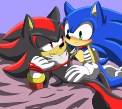 Size: 1912x1702 | Tagged: safe, artist:angelofhapiness, shadow the hedgehog, sonic the hedgehog, 2014, abstract background, barefoot, bed, blushing, clenched teeth, collar, duo, gay, holding something, holding them, indoors, kneeling, leash, lidded eyes, looking at them, lying back, shadow x sonic, shipping, shoes off, smile, socks