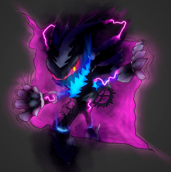 Size: 3452x3465 | Tagged: safe, artist:tyuleninsfd, mephiles the dark, 2021, cogwheel, electricity, fusion:mephiles, fusion:time eater, looking at viewer, mouth open, red sclera, solo, standing, time eater