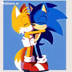 Size: 2048x2048 | Tagged: safe, ai art, artist:mobians.ai, miles "tails" prower, sonic the hedgehog, blue background, blushing, border, cute, duo, eyes closed, gay, hugging, prompter:taeko, shipping, simple background, smile, sonabetes, sonic x tails, standing, tailabetes