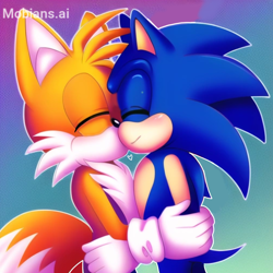 Size: 2048x2048 | Tagged: safe, ai art, artist:mobians.ai, miles "tails" prower, sonic the hedgehog, abstract background, blushing, duo, eyes closed, gay, heart, holding each other, kiss on cheek, older, outline, prompter:taeko, shipping, sonic x tails, standing