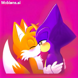 Size: 2048x2048 | Tagged: safe, ai art, artist:mobians.ai, espio the chameleon, miles "tails" prower, blushing, duo, espails, eyes closed, gay, holding them, kiss, lidded eyes, looking at them, prompter:taeko, shipping