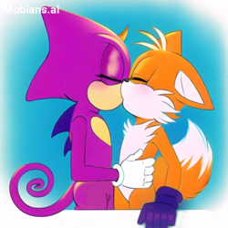 Size: 2048x2048 | Tagged: safe, ai art, artist:mobians.ai, espio the chameleon, miles "tails" prower, abstract background, blushing, duo, espails, eyes closed, floppy ear, gay, holding them, kiss, prompter:taeko, purple gloves, shipping, standing