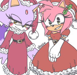 Size: 990x963 | Tagged: safe, artist:alittlebitfast, amy rose, blaze the cat, cat, hedgehog, 2016, amy x blaze, blushing, christmas, christmas outfit, cute, female, females only, lesbian, looking at viewer, shipping