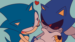 Size: 1540x866 | Tagged: safe, artist:seberal, metal sonic, sonic the hedgehog, black sclera, blue background, blushing, duo, flirting, gay, heart, looking at each other, metonic, shipping, simple background, smile