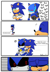 Size: 1080x1545 | Tagged: safe, artist:nataszaluiz, metal sonic, sonic the hedgehog, sonic prime s2, black sclera, chaos sonic, comic, crying, dialogue, english text, exclamation mark, gay, hugging, looking at them, metonic, panels, question mark, shipping, simple background, tears, tears of happiness, trio, white background