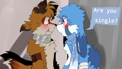 Size: 1280x720 | Tagged: safe, artist:raoutlook, kit the fennec, miles "tails" prower, abstract background, blushing, cyborg, dialogue, duo, english text, eye clipping through hair, frown, gay, kitails, looking at each other, mouth open, older, partially roboticized, role swap, scarf, shipping, standing