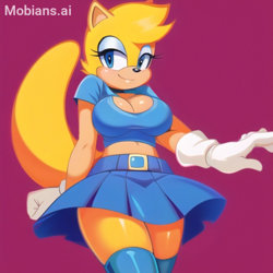 Size: 2048x2048 | Tagged: suggestive, ai art, artist:mobians.ai, ray the flying squirrel, adult, aged up, belt, breasts, cleavage, crop top, eyeshadow, gender swap, lidded eyes, looking at viewer, older, prompter:taeko, purple background, simple background, skirt, smile, solo, stockings, walking