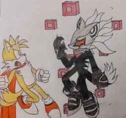 Size: 1639x1536 | Tagged: safe, artist:theoneandonlycactus, infinite the jackal, miles "tails" prower, sonic forces, 2020, cape, clenched fists, cube, duo, fight, flying, looking at each other, traditional media, turbo tails
