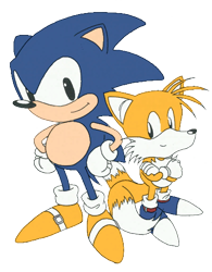 Size: 400x512 | Tagged: safe, miles "tails" prower, sonic the hedgehog, anonymous artist, blue shoes, classic sonic, classic tails, duo, edit, simple background, smile, standing, transparent background, yellow shoes