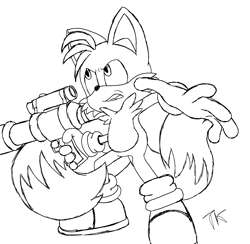 Size: 2545x2488 | Tagged: safe, artist:taeko, miles "tails" prower, angry, bazooka, clenched teeth, holding something, line art, looking up, one fang, redraw, shadow the hedgehog (video game), signature, simple background, solo, white background