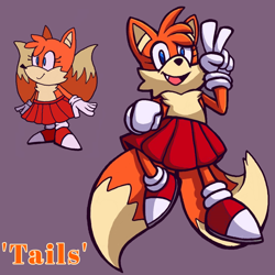 Size: 2048x2048 | Tagged: safe, artist:skeletonpendeja, miles "tails" prower, anonymous editor, character name, edit, female, mobius.social exclusive, purple background, red shoes, simple background, skirt, smile, solo, trans female, transgender, v sign