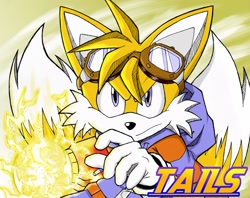 Size: 2026x1607 | Tagged: safe, artist:kendo64, miles "tails" prower, 2019, abstract background, arm buster, character name, clothes, energy ball, frown, goggles, goggles on head, hoodie, looking at viewer, solo