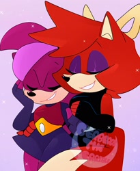 Size: 1536x1874 | Tagged: safe, artist:cerberustheterrible, fiona fox, sonic the hedgehog, 2023, crack shipping, duo, eyes closed, fiosonia, gradient background, holding them, lesbian, shipping, smile, sparkles, watermark