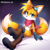 Size: 2048x2048 | Tagged: safe, ai art, artist:mobians.ai, miles "tails" prower, abstract background, blue gloves, blushing, boots, breasts, eyelashes, featureless breasts, gender swap, goggles, goggles on head, lidded eyes, looking at viewer, prompter:taeko, scarf, sitting, smile, solo, stockings