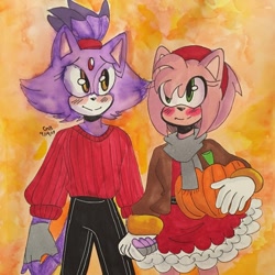 Size: 1280x1278 | Tagged: safe, artist:mettatons-nipples, amy rose, blaze the cat, cat, hedgehog, 2017, amy x blaze, blushing, cute, female, females only, fingerless gloves, holding hands, lesbian, looking at each other, pumpkin, shipping