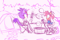 Size: 540x360 | Tagged: safe, artist:motobugg, amy rose, blaze the cat, cat, hedgehog, 2017, amy x blaze, campfire, cute, female, females only, hearts, lesbian, looking at each other, marshmallow, mouth open, shipping, sketch