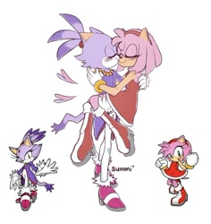 Size: 540x573 | Tagged: safe, artist:goreyvamp, amy rose, blaze the cat, cat, hedgehog, 2021, amy x blaze, amy's halterneck dress, blaze's tailcoat, blushing, carrying them, cute, eyes closed, female, females only, hearts, kiss, lesbian, shipping