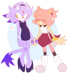 Size: 1078x1174 | Tagged: safe, artist:scuttletown, amy rose, blaze the cat, cat, hedgehog, 2017, amy x blaze, blushing, cute, date, dress, eyes closed, female, females only, heart, lesbian, shipping