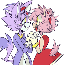 Size: 1280x1295 | Tagged: safe, artist:horroir, amy rose, blaze the cat, cat, hedgehog, 2017, amy x blaze, amy's halterneck dress, blaze's tailcoat, cute, female, females only, holding hands, lesbian, looking at each other, mouth open, shipping
