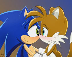 Size: 1400x1100 | Tagged: safe, artist:andtails1, miles "tails" prower, sonic the hedgehog, alternate universe, blushing, commission, duo, gay, gradient background, holding each other, lidded eyes, looking at each other, shipping, signature, smile, sonic x style, sonic x tails, standing