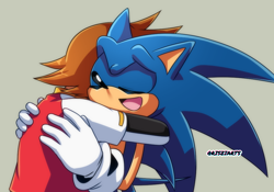 Size: 1026x718 | Tagged: safe, artist:risziarts, chris thorndyke, sonic the hedgehog, human, duo, eyes closed, grey background, hugging, signature, simple background, smile, sonic x, standing
