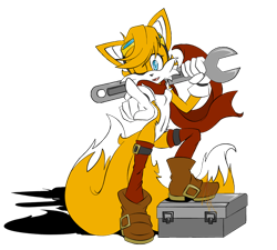 Size: 900x810 | Tagged: safe, artist:miakodathebright, miles "tails" prower, 2012, boots, breasts, featureless breasts, flat colors, gender swap, goggles, goggles on head, holding something, mouth open, older, one eye closed, pointing at viewer, scarf, shadow (lighting), simple background, smile, solo, standing, stockings, toolbox, transparent background, wrench