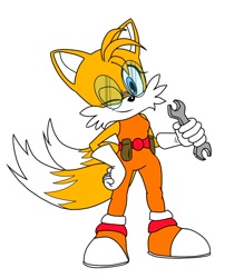 Size: 964x1147 | Tagged: safe, artist:cualquierpersona, miles "tails" prower, 2020, belt, bodysuit, eyelashes, flat colors, gender swap, glasses, hand on hip, holding something, orange shoes, simple background, solo, standing, white background, wink, wrench