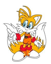 Size: 964x1211 | Tagged: safe, artist:cualquierpersona, miles "tails" prower, oc, 2020, belt, bodysuit, chest fluff, flat colors, gender swap, glasses, looking at viewer, orange shoes, pointing, red socks, simple background, smile, solo, standing, star (symbol), white background