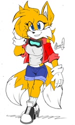 Size: 694x1149 | Tagged: safe, artist:zhengfox, miles "tails" prower, oc, breasts, eye clipping through hair, gender swap, goggles, goggles around neck, heels, jacket, older, shorts, signature, sketch, solo
